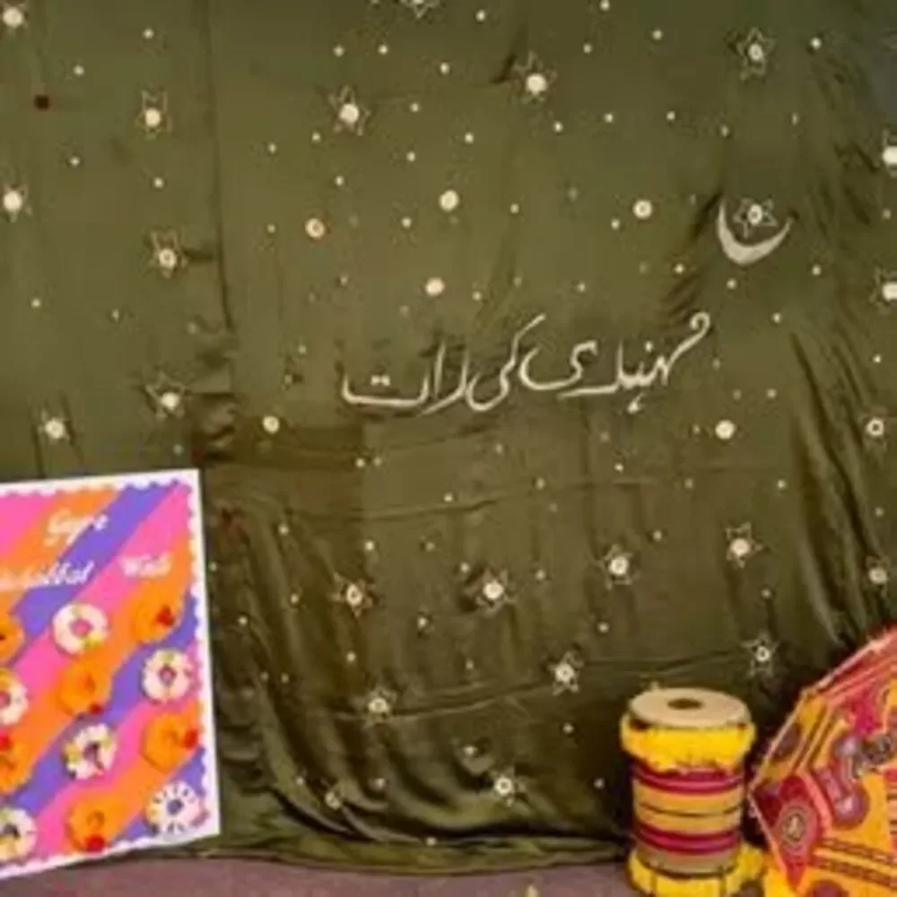 WEDDING MEHNDI KI RAAT SILK BACKDROP VINTAGE DESIGN HANDMADE